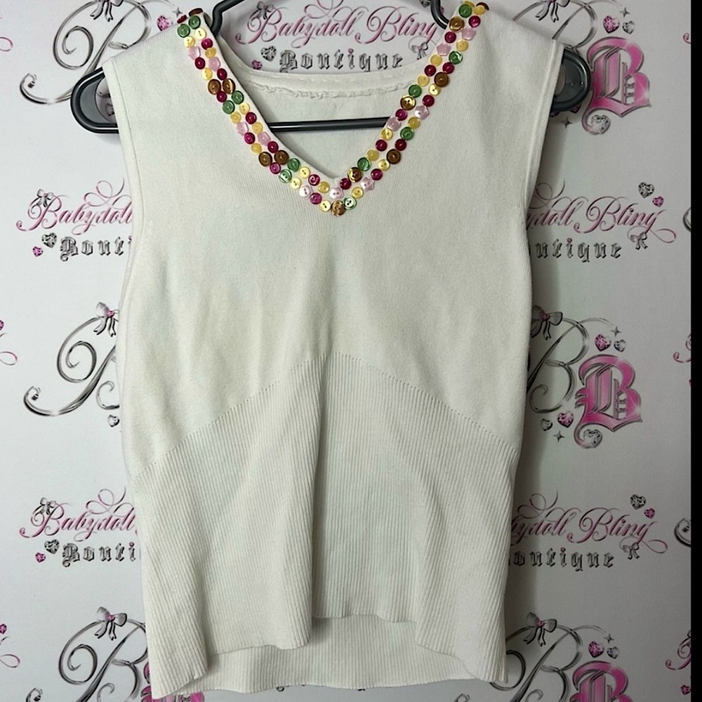 Tank top button multicolor Embellished White Sleeveless Top stretchy ribbed